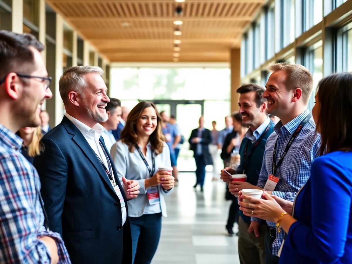Marketers talking over coffee in the conference foyer